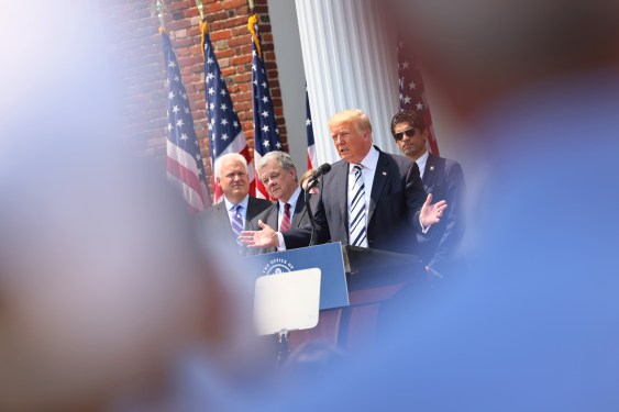 Trump at a podium in New Jersey press event