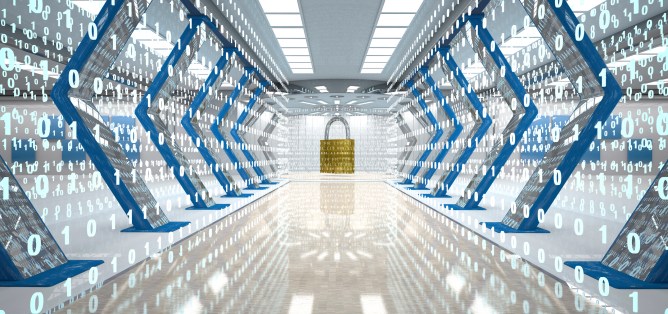 Futuristic digital room with padlock and binary code, 3d illustration