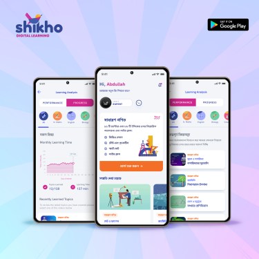 A photo of three smartphones featuring learning app Shikho's user interface