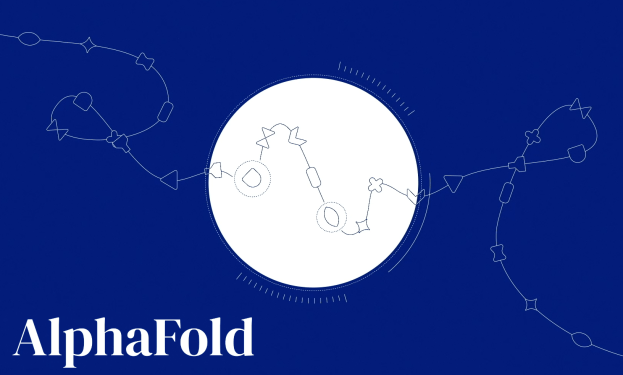 Illustration of a chain of amino acids with the AlphaFold logo.