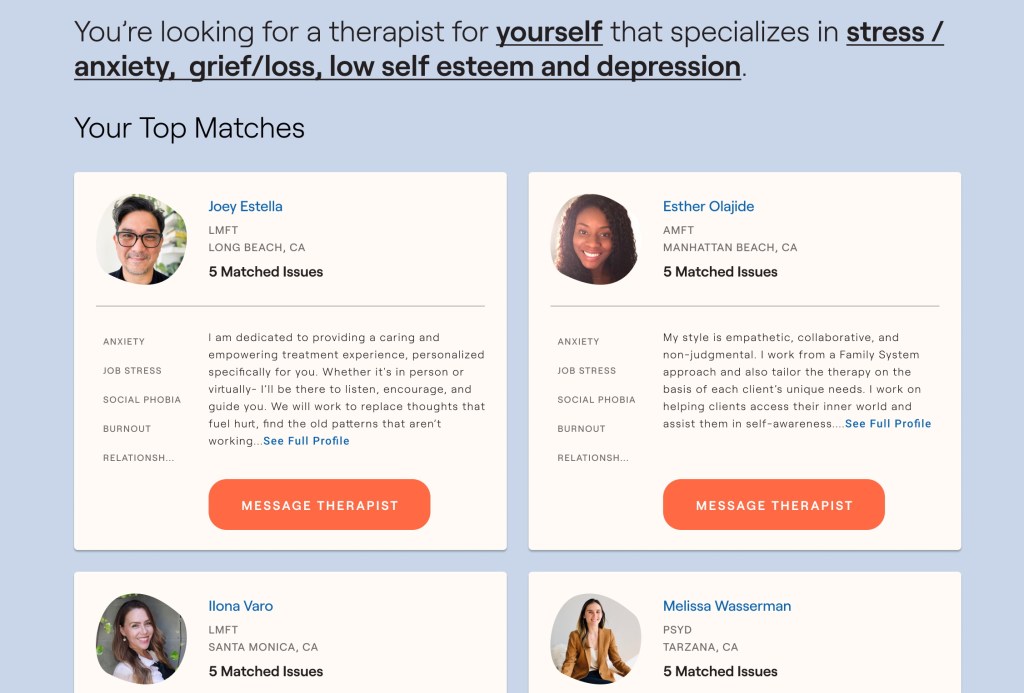 Therapists and their profiles in response to a search on frame.