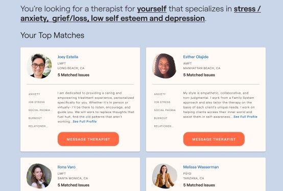 Therapists and their profiles in response to a search on frame.