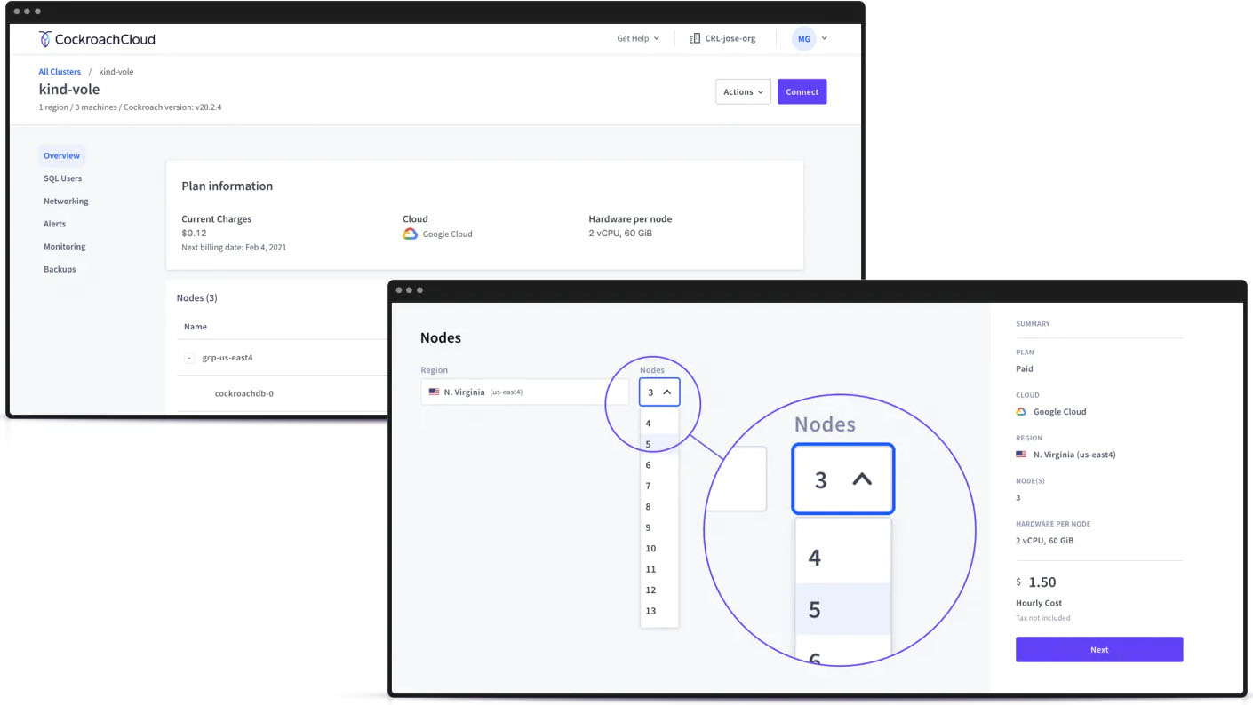 The CockrochCloud Console allows administrators and developers to create CockroachDB clusters.