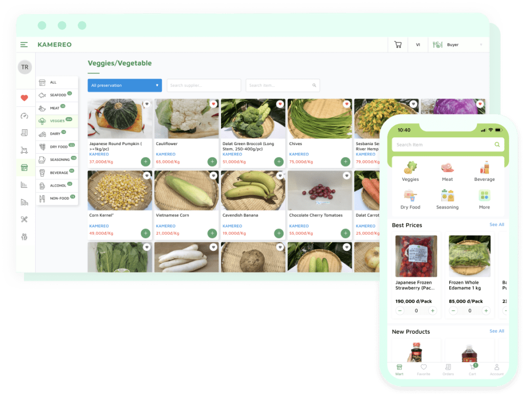 An image showing Kamereo's B2B marketplace for fresh farm products on computer and smartphone screens
