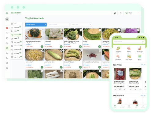 An image showing Kamereo's B2B marketplace for fresh farm products on computer and smartphone screens