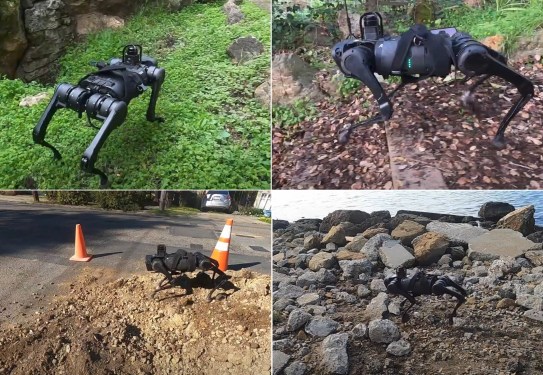 A robot walks over grass, cement, a rocky beach, and a leafy trail.