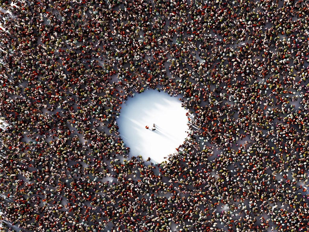 Human Crowd Surrounding Three People on White Background