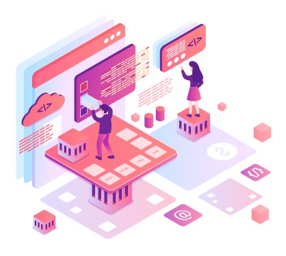 Illustration showing two people working on building and testing a web app.