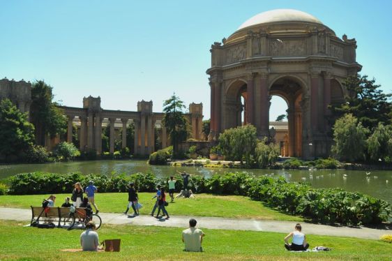 People enjoy their leisure time at the San Francisco Palace of Fine Arts in San Francisco, California, the United States, June 15, 2021. California, the most populous state in the United States, fully reopened its economy amid dropping cases and vaccine eligibility expansion on Tuesday after more than a year of COVID-19 restrictions. (Photo by Liu Yilin/Xinhua via Getty Images)