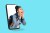 Image of a woman popping out of a cell phone against a blue background.