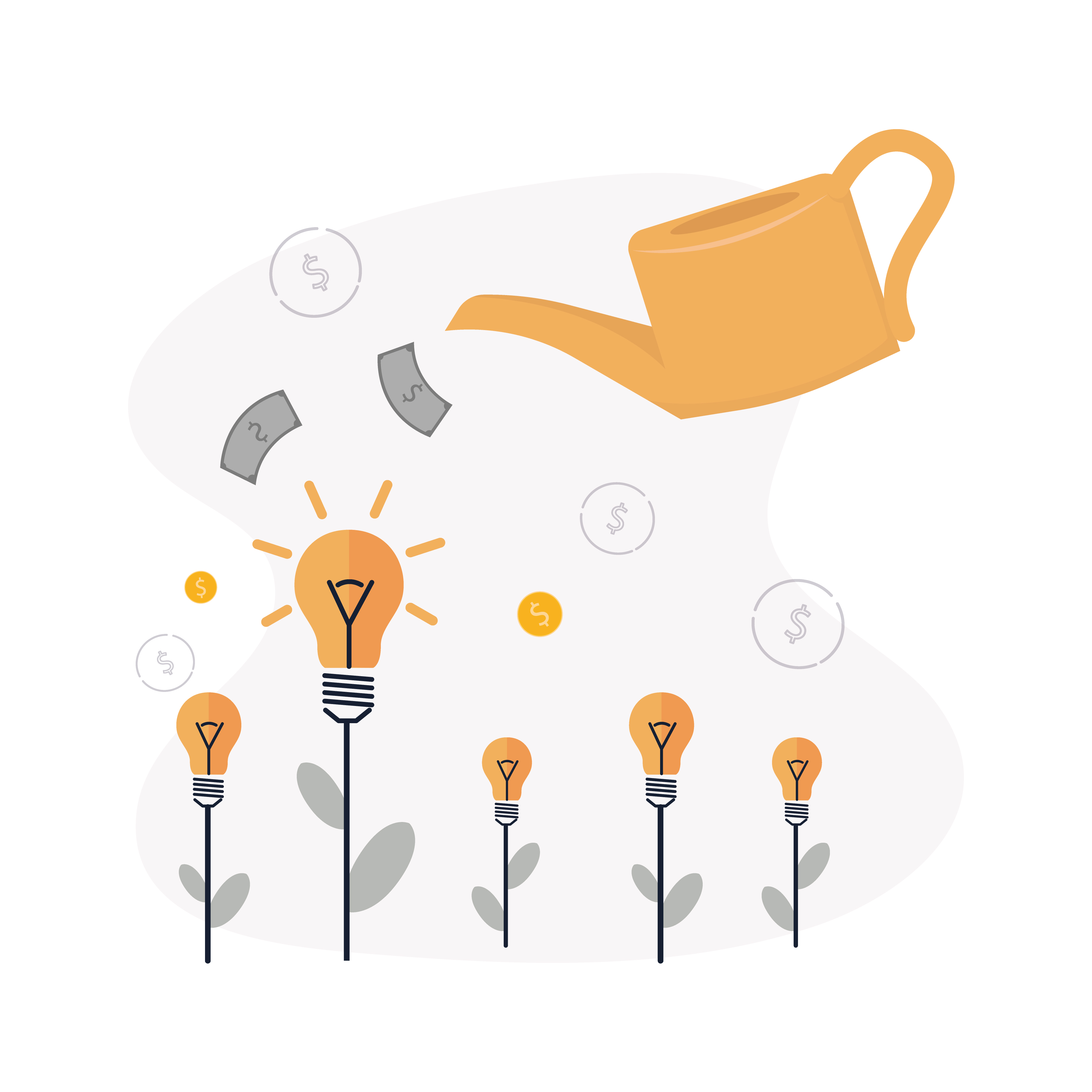 Image of a watering can pouring money on lightbulbs to represent choosing a venture capitalist.
