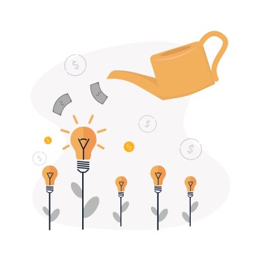 Image of a watering can pouring money on lightbulbs to represent choosing a venture capitalist.