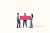 Full length of cheerful young friends carrying large pink block against white background