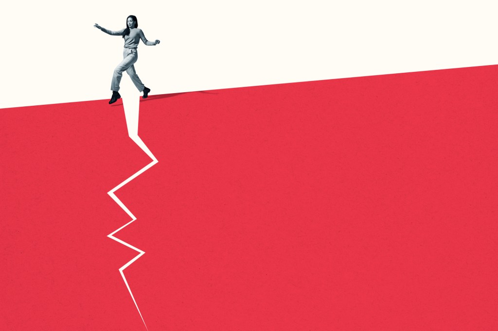 young woman walking unsteadily on broken path