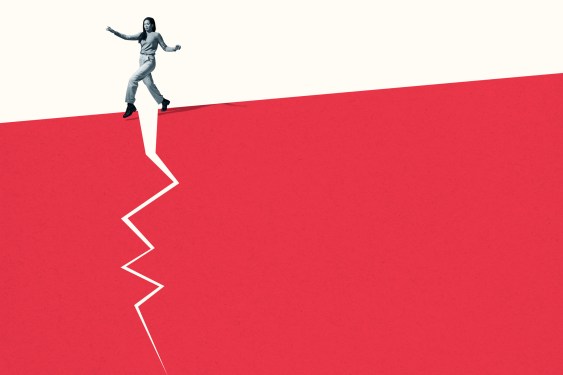 young woman walking unsteadily on broken path