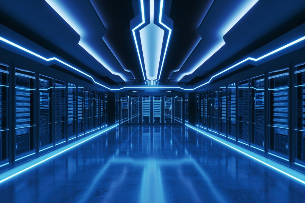 Futuristic server room lit with blue lights.