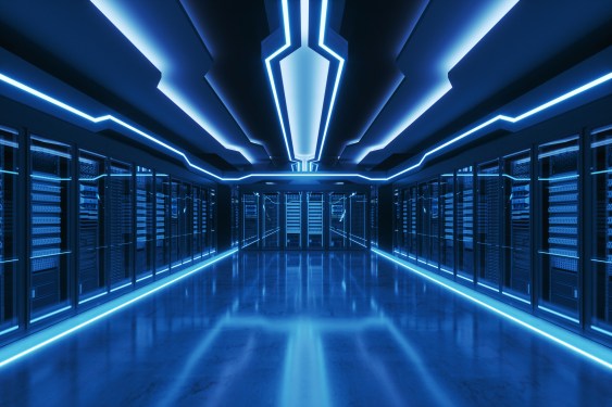 Futuristic server room lit with blue lights.