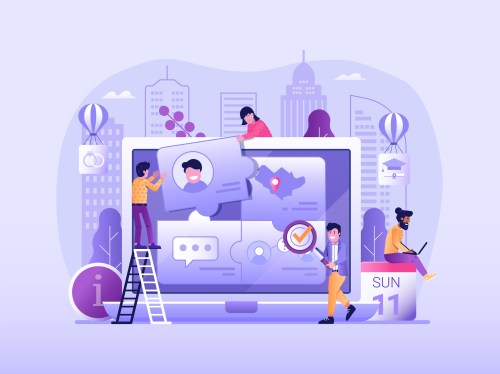 Customer persona profile building concept with marketing team collect clients info and user behavior data. Target auditory analysis web illustration for online business and advertising.
