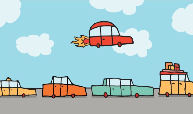 Cartoon illustration of a flying car passing above other land vehicles