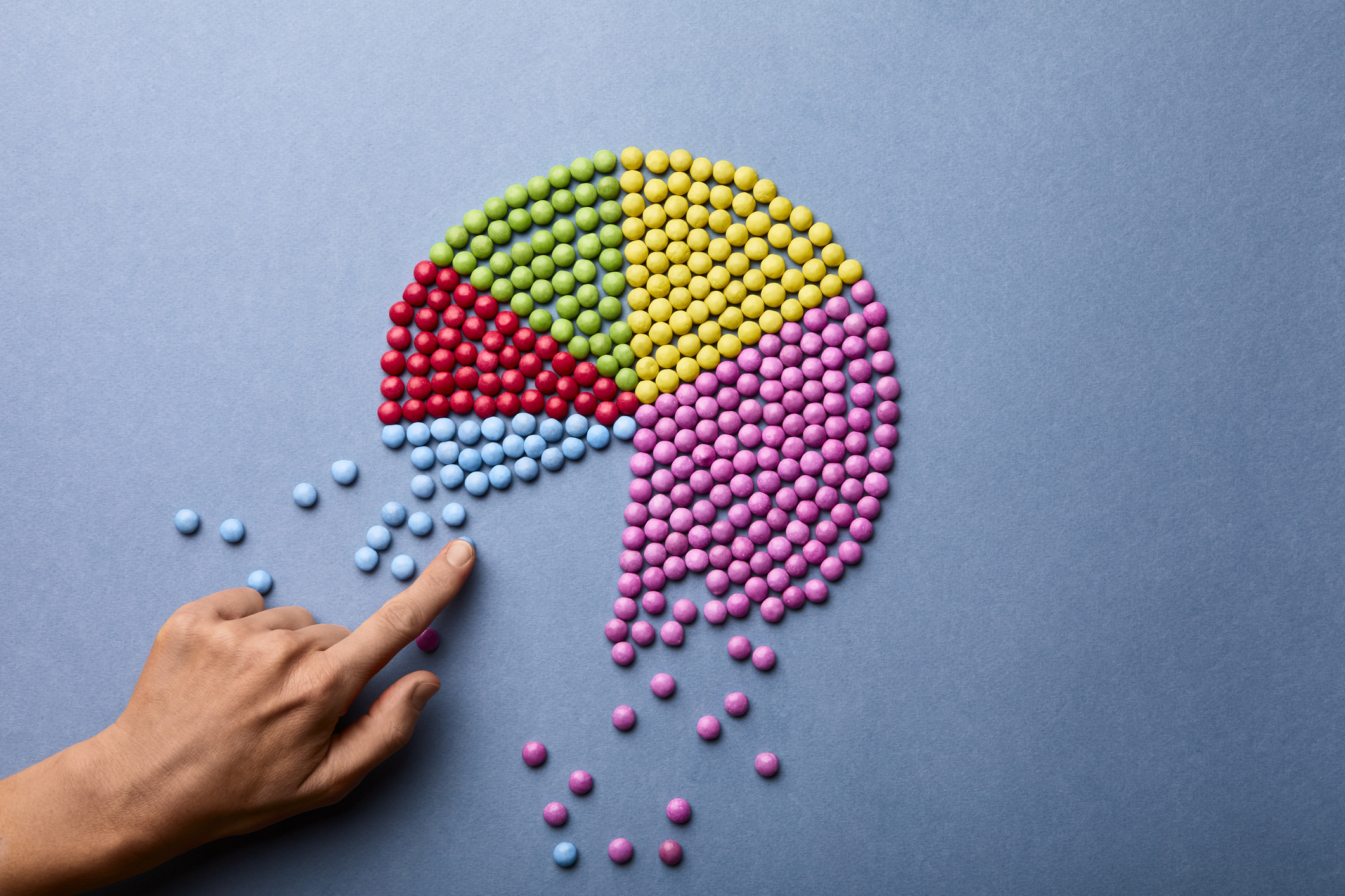 Hand counting pieces of m&ms making up pie chart