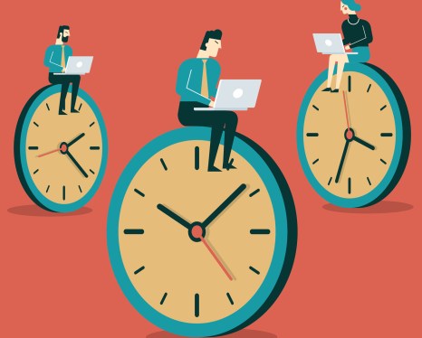Business people sitting on top of clocks with their PCs.