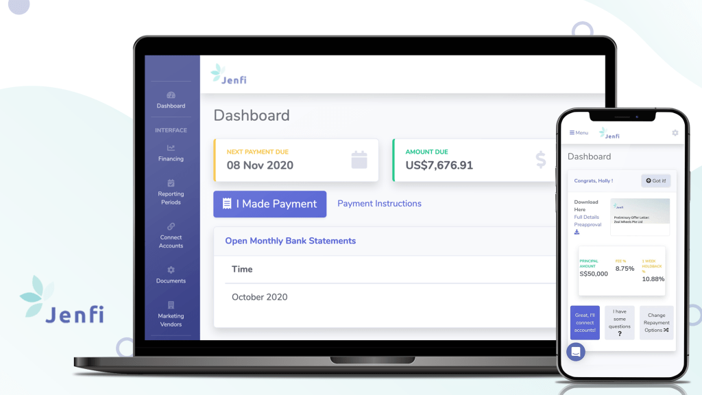 Revenue-based financing startup Jenfi's dashboard displayed on a laptop and smartphone