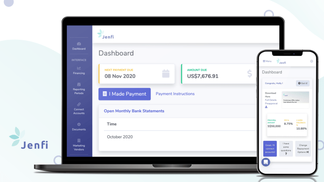 Revenue-based financing startup Jenfi's dashboard displayed on a laptop and smartphone