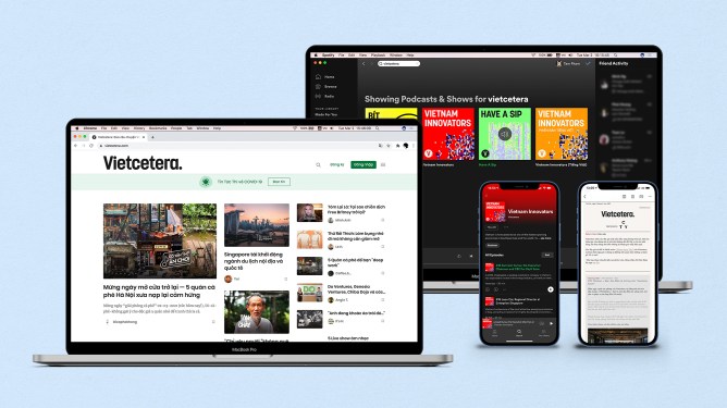 A composite image of two laptops and two smartphones displaying Vietcetera's landing pages