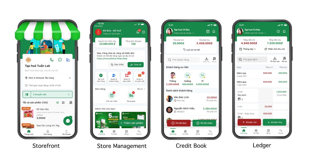 Four smartphone screens displaying SoBanHang's storefront, store management, credit book and ledger for small businesses in Vietnam