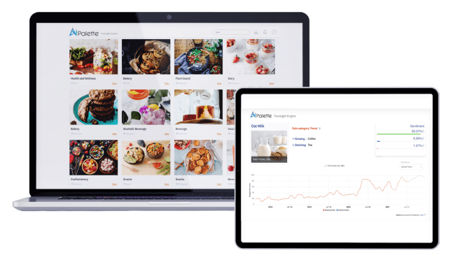 A laptop and tablet displaying Ai Palette's prediction platform for consumer trends