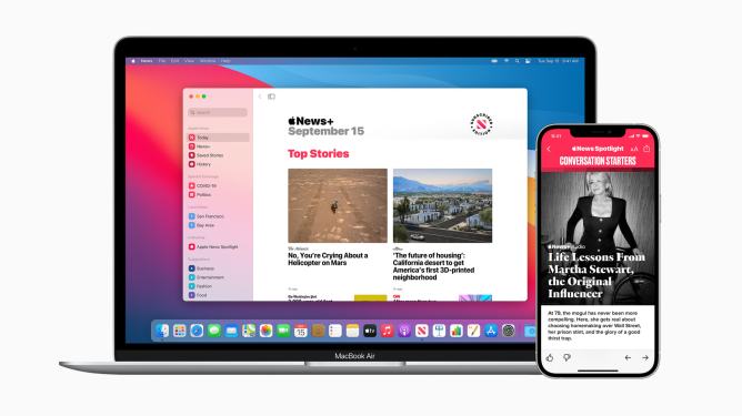 Apple news displayed on a laptop and smartphone