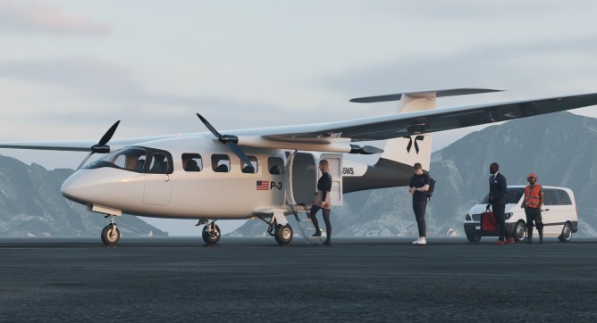 CG render of Pyka's P3 plane on a runway with people getting into it.