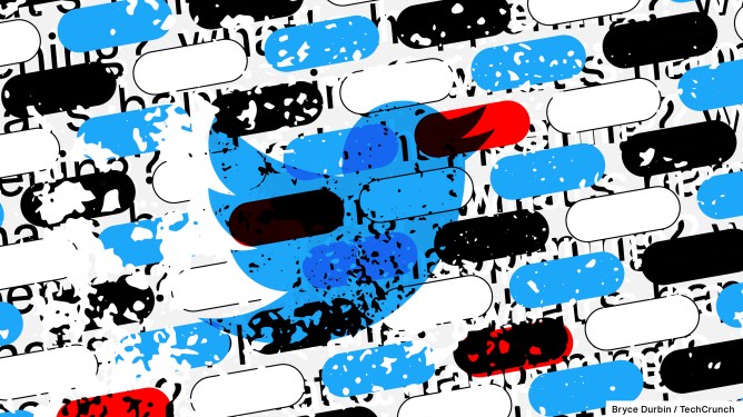 Twitter logo against backdrop bandaid-shaped spheres