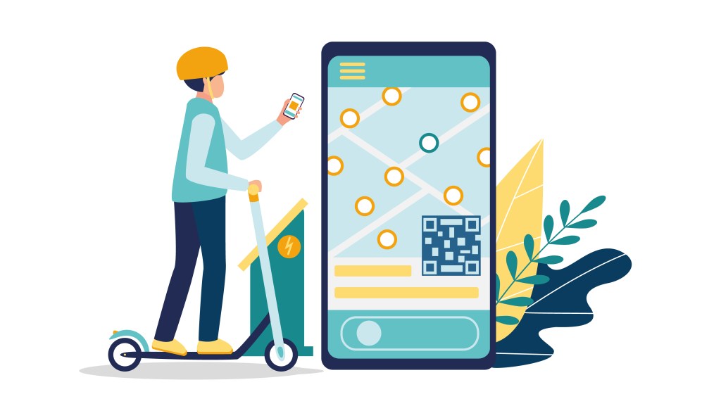 Illustration of a mobile application displaying location data next to a person on a scooter.
