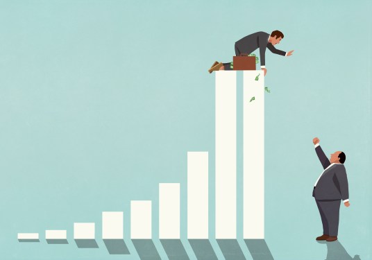 Image of a businessman holding a suitcase full of atop a bar graph with an angry boss at the bottom.