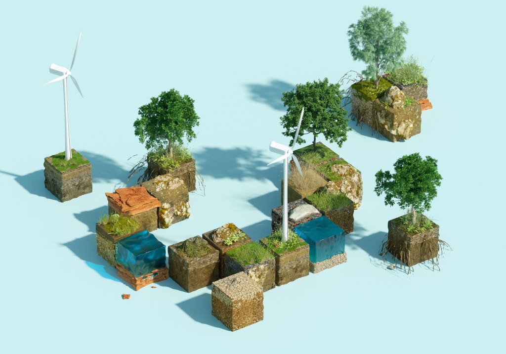 Digital generated image of wing turbines and trees on cubic slices of hill with ground and underground water making multi layered effect standing on light blue background.
