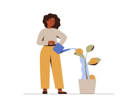 Illustration of a woman watering tree and it sprouts money to represent women investors.