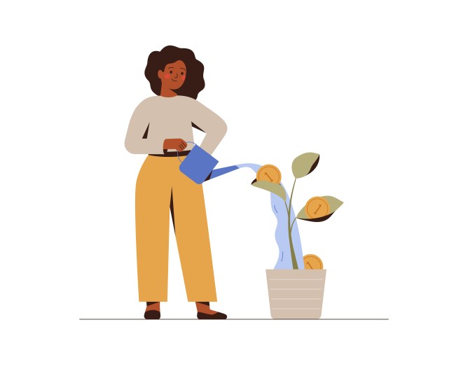 Illustration of a woman watering tree and it sprouts money to represent women investors.