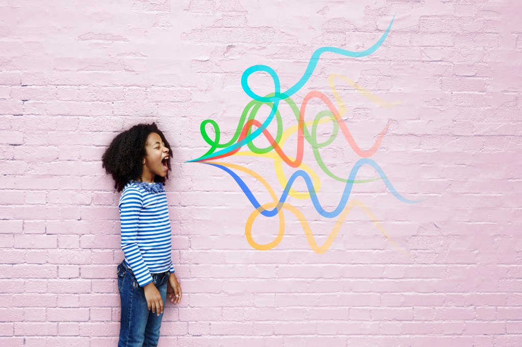 Image of a girl shouting against a brick wall painted pink with multicolored squiggles on the wall to represent her voice.