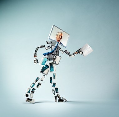 Image of a man made up of smartphones and tablets carrying a resume.