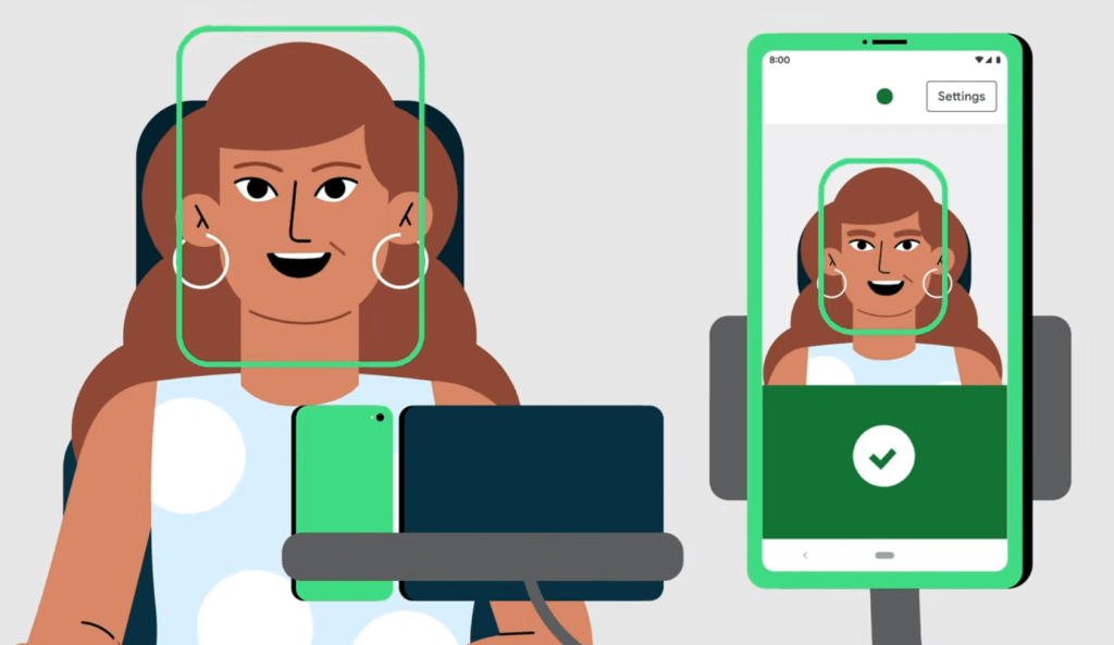 Illustration of a woman making a facial gesture and the phone identifying it.