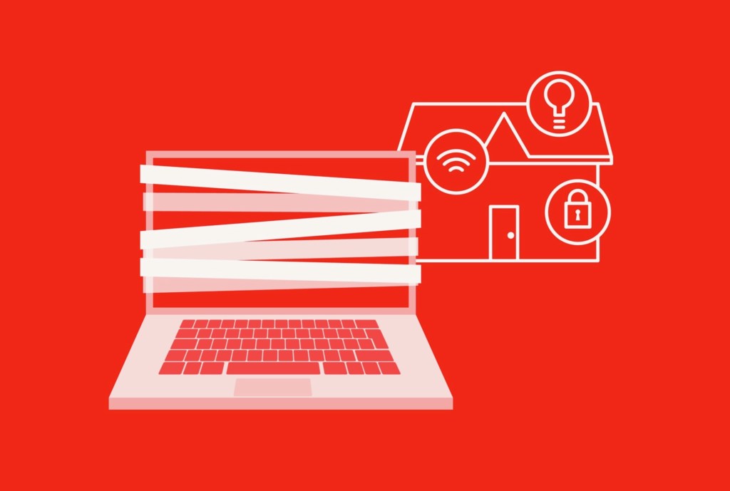 illustration of tied-up laptop in front of house with symbols with wifi, lightbulb and lock symbols