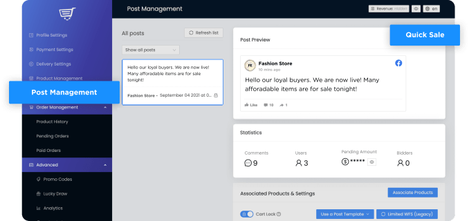 Upmesh's dashboard for live commerce sellers