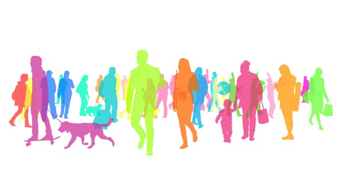 Illustration of a large crowd of people in colorful silhouettes.