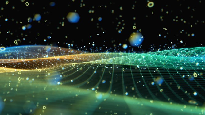 Data flying over greenish landscape