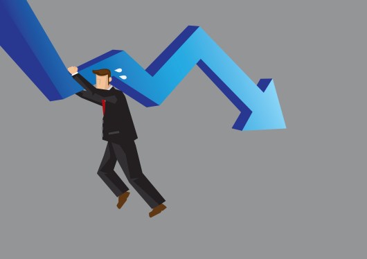 Illustration of a businessman struggling to hang onto a declining arrow to represent antitrust legislation slowing the economy.