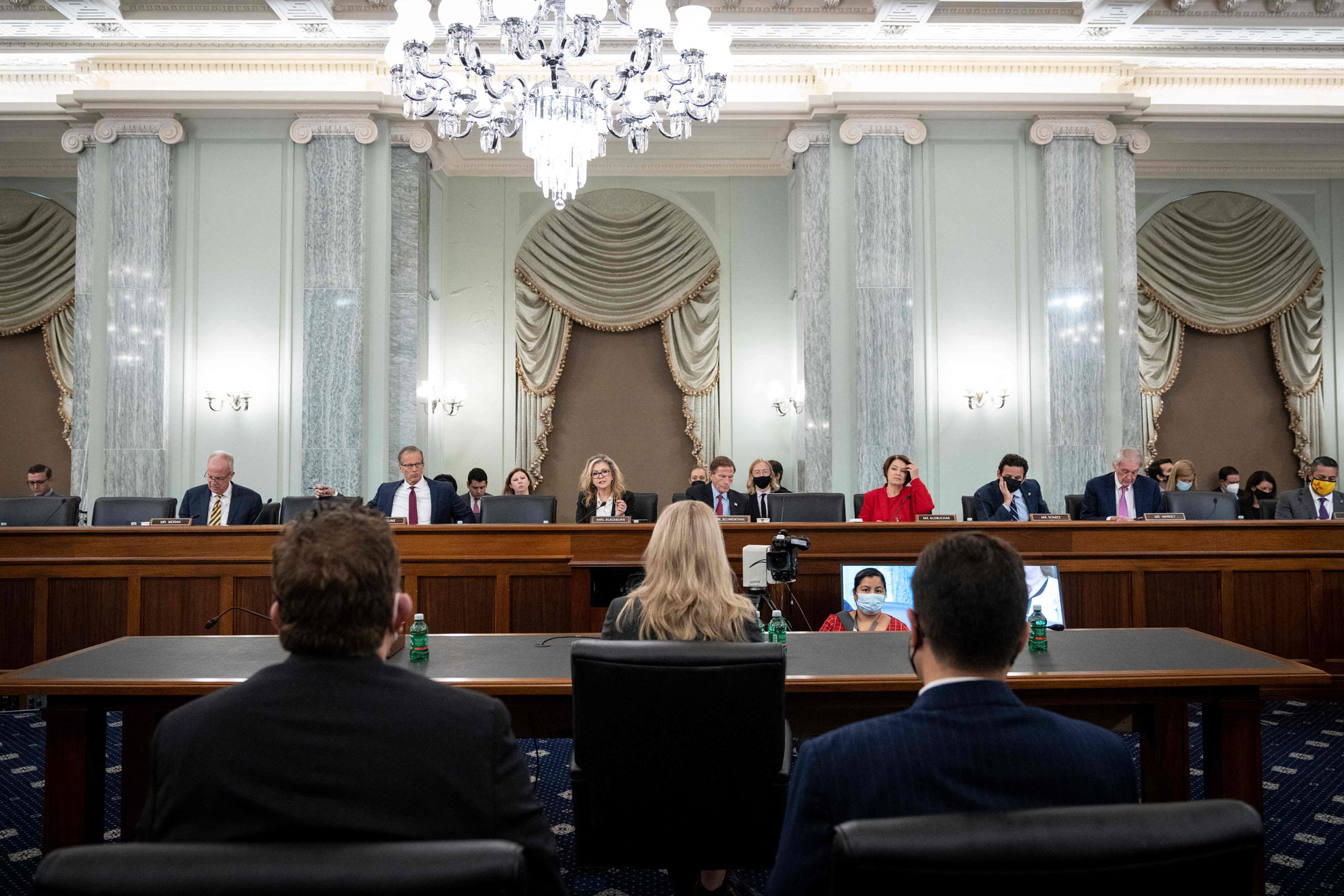 Committee Senators listen as former Facebook employee and whistleblower Frances Haugen (C) testifies before a Senate Committee on Commerce, Science, and Transportation hearing on Capitol Hill, October 5, 2021, in Washington, DC.