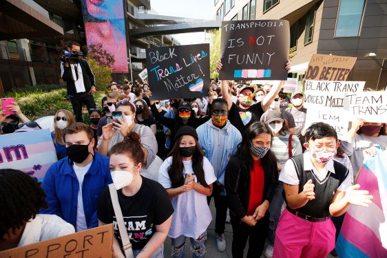 Netflix employees, activists, public figures and supporters gathered outside a Netflix location at 1341 Vine St in Hollywood Wednesday morning in support as members of the Netflix employee resource group Trans*, coworkers and other allies staged a walkout