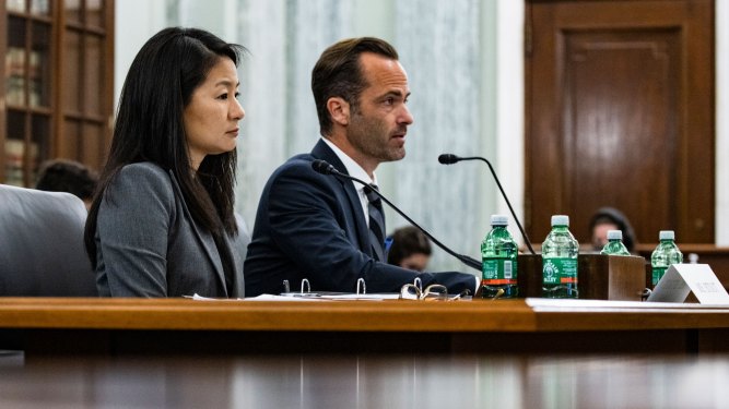 Jennifer Stout (L), Vice President of Global Public Policy at Snap Inc., and Michael Beckerman (R), Vice President and Head of Public Policy at TikTok, testify before a Senate Subcommittee on Consumer Protection, Product Safety, and Data Security hearing on Protecting Kids Online: Snapchat, TikTok, and YouTube on October 26, 2021 in Washington, DC.