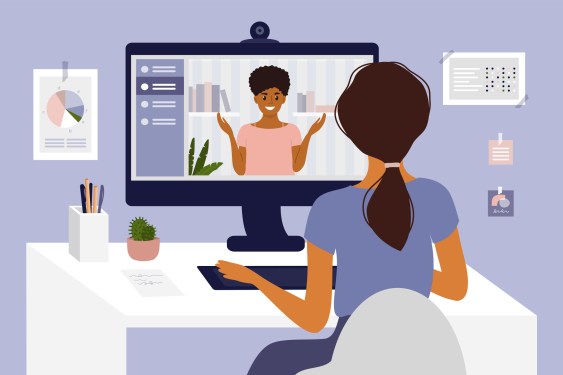 Online courses, studying or education. Video call, networking or conference by computer. Team work, talking with partner. Hiring, job interview, employment. Home office, work place vector illustration